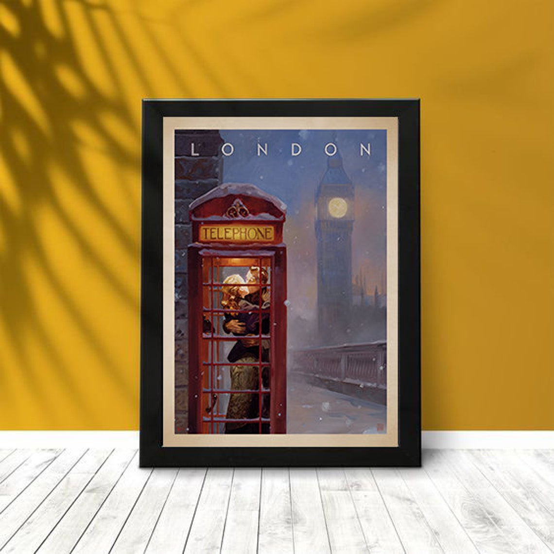 London Red Telephone Booth Kiss Big Ben Snowy Romantic Night Poster