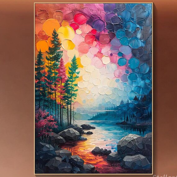 3d Textured Landscape Wall Art Abstract Colorful Starring Painting On Vibrant Forest Nature Large Modern Sky Living Room Art