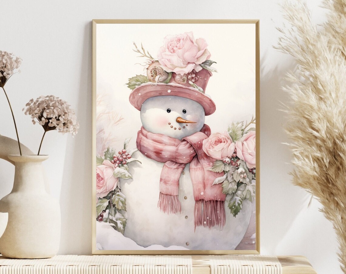 Snowman Holiday Decor, Soft Pink Christmas Art Print