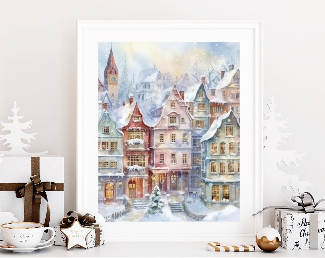 Snowy Old Town Watercolor Cityscape Winter Holiday Decor Poster