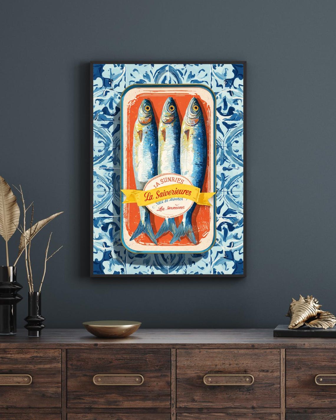 Vintage Sardine Tin Label Three Fish on Blue Tile Retro Seafood Poster