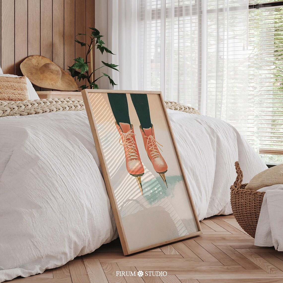 Coral Ice Skates Hanging Winter Sports Retro Christmas Art Print - Image 2
