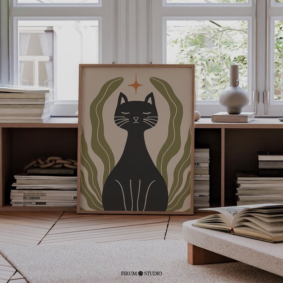 Black Cat Moody Boho Poster Witchy Minimalist Cat Illustration Wall Decor