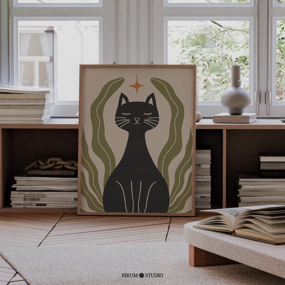 Moody Black Cat Art Print Dark Boho Wall Art Witchy Modern Wall Decor Halloween Decor Cat Lover Trendy Art 1420