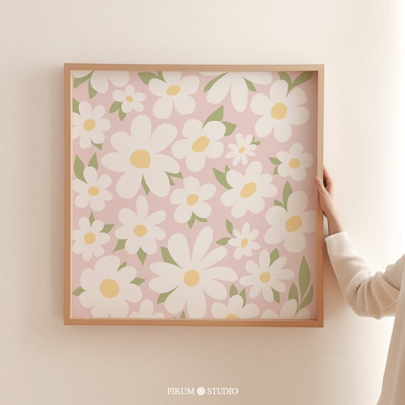 Pastel Pink Daisy Floral Wall Art for Square Nursery and Bedroom Decor