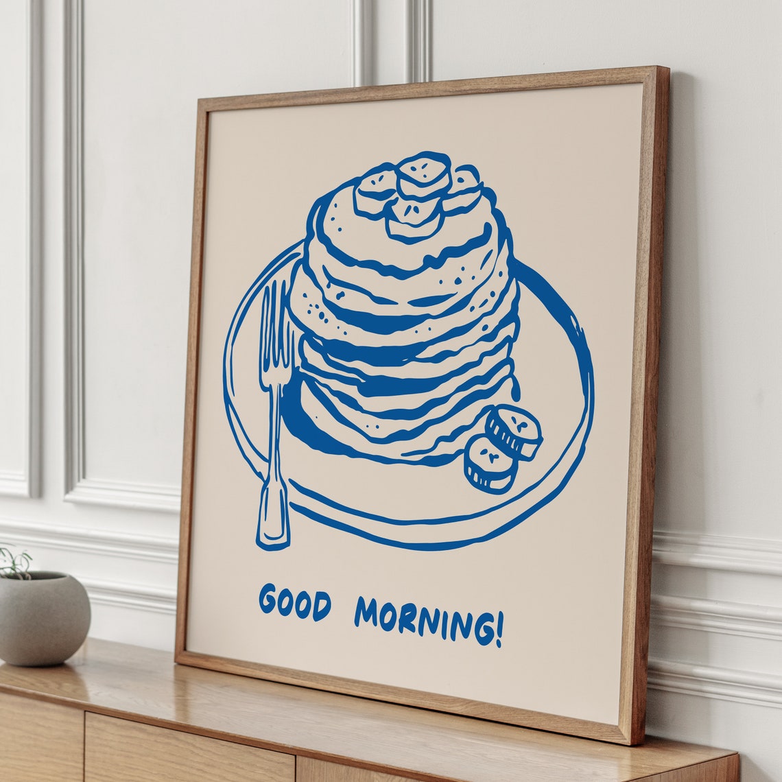 Good Morning Blue Pancakes Breakfast Kitchen Line Art Poster - Image 2