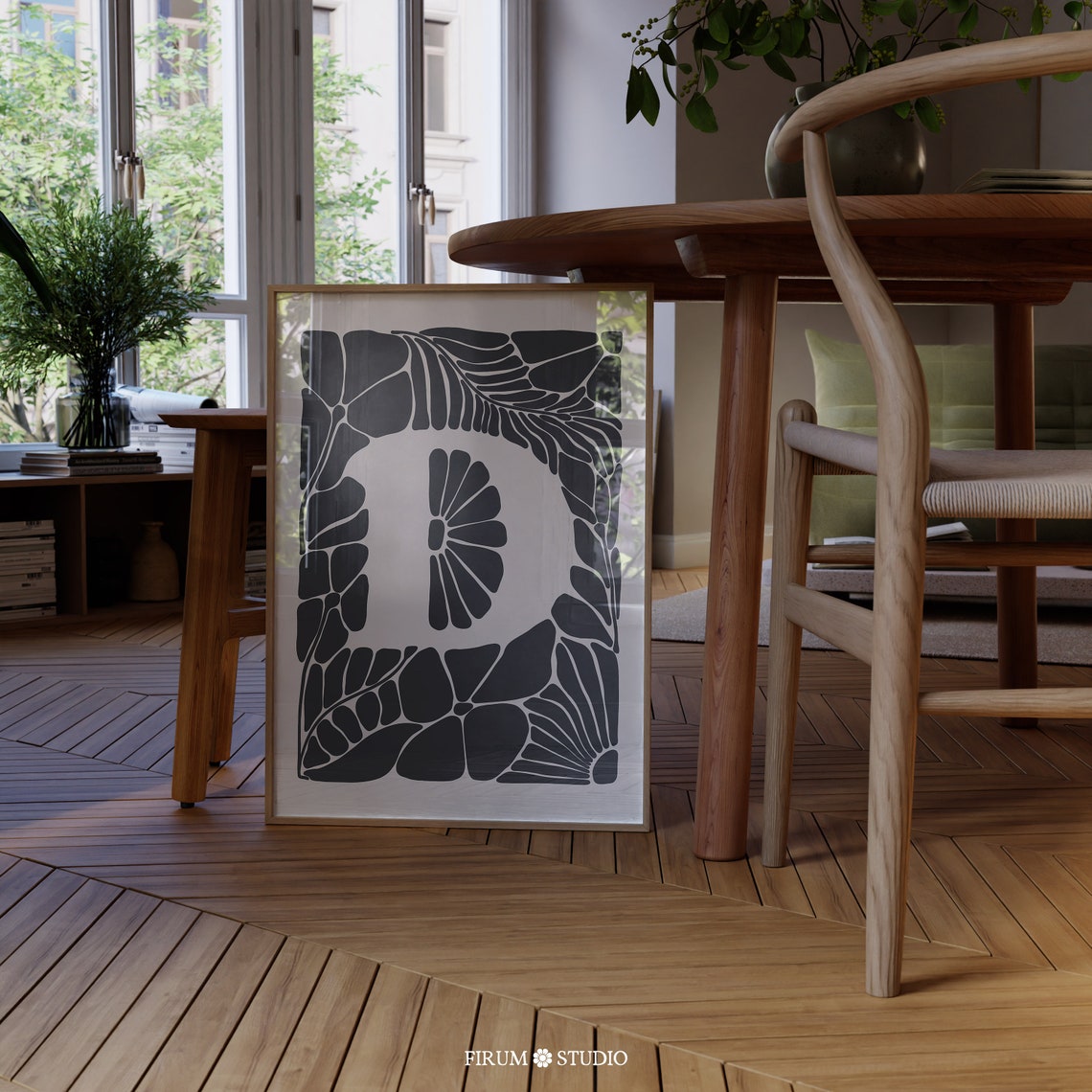 Letter D Botanical Initial Monogram Black Leaf Pattern Art Print
