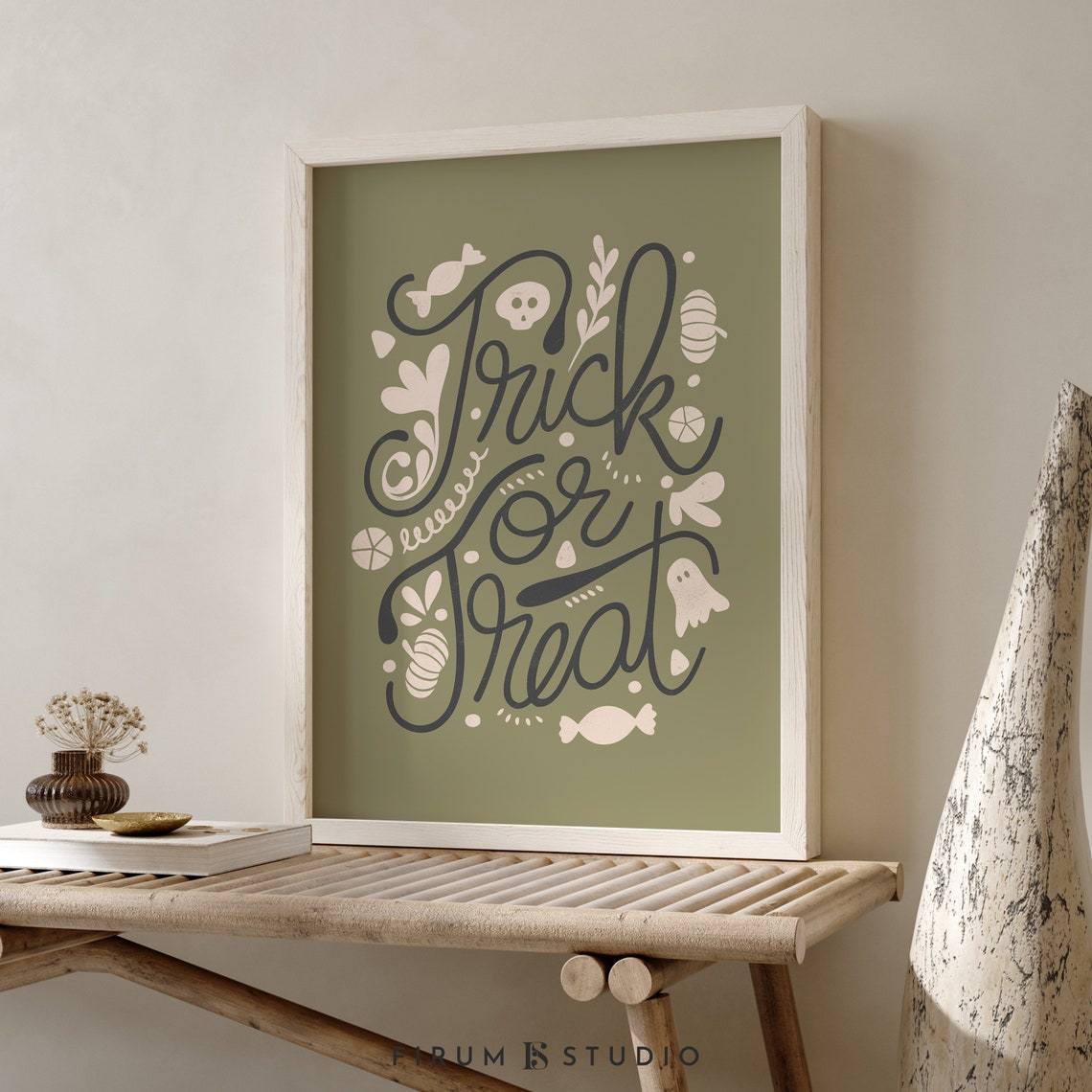 Trick or Treat Hand Lettered Script on Olive Green Halloween Poster - Image 2