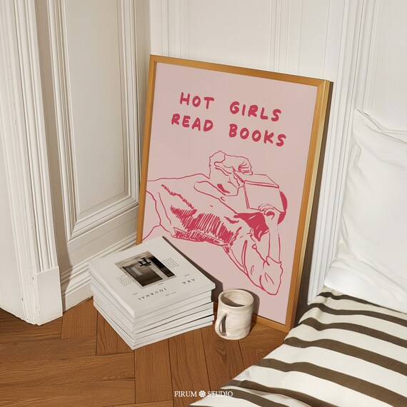 Hot Girls Read Books Pink Reader Line Art Girly Aesthetic Fun Poster