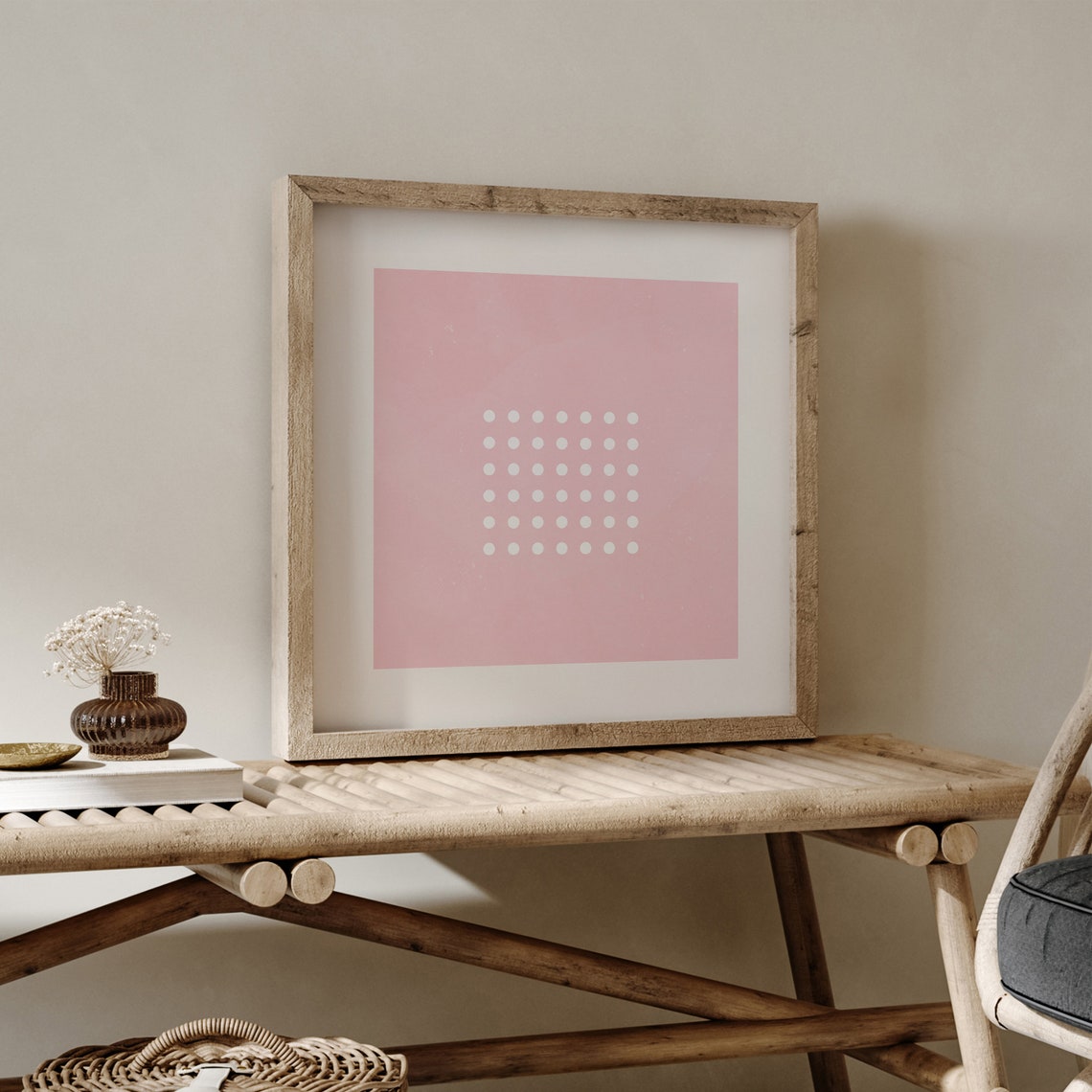 Minimalist Pink Dot Grid Abstract Modern Simple Beige Wall Art - Image 2