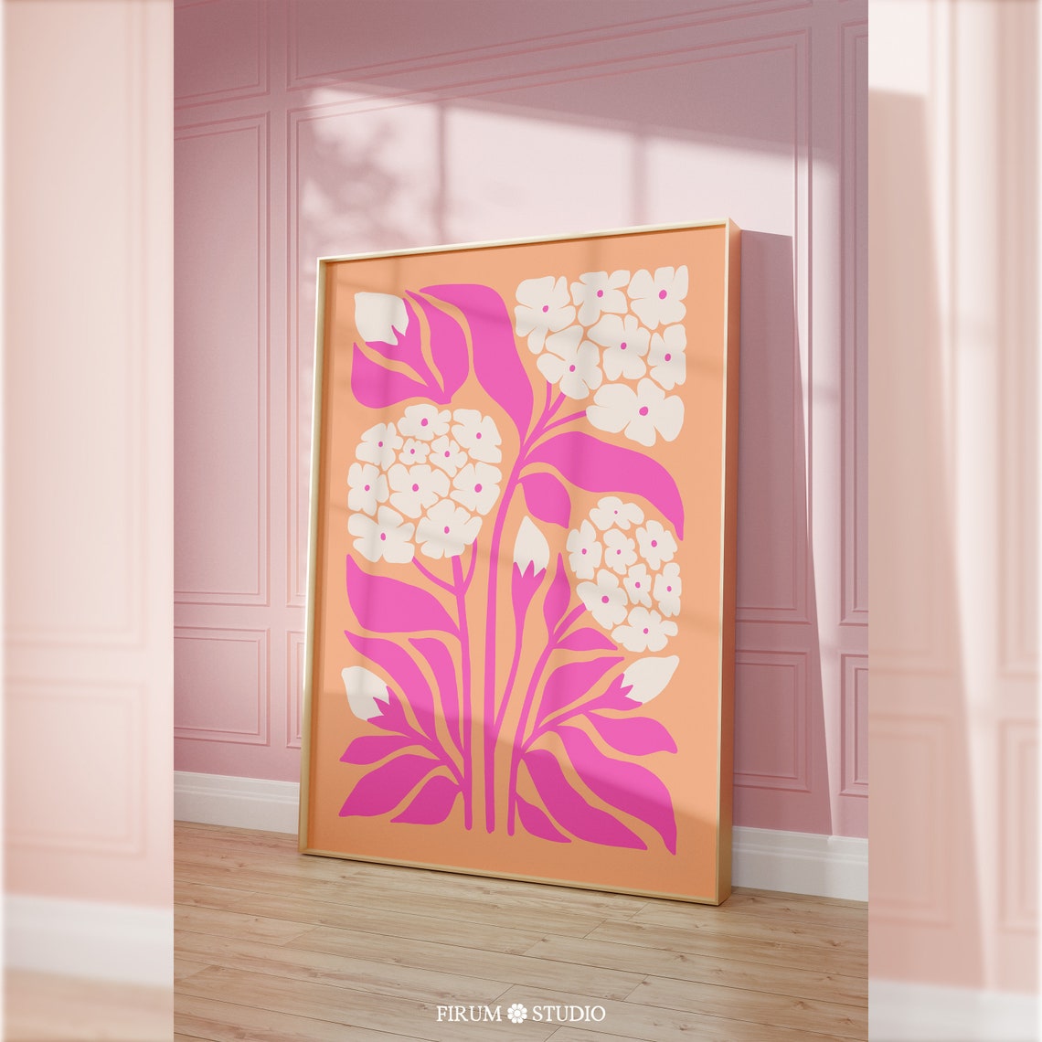 Pink Orange Floral Botanical Hydrangea Style Modern Wall Art