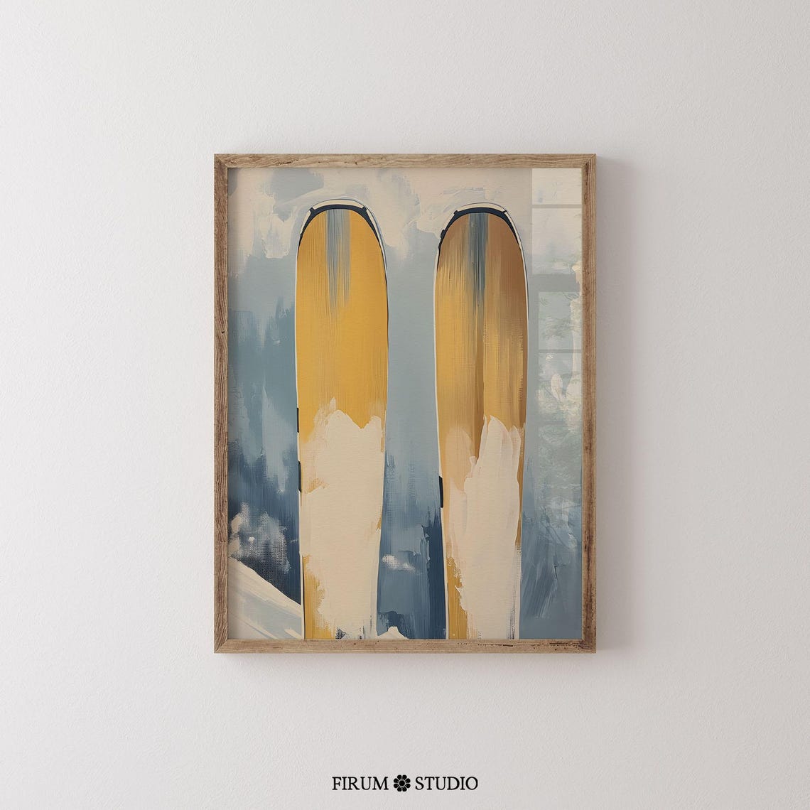 Vintage Wooden Skis Mustard Yellow Blue Abstract Winter Art Print - Image 2