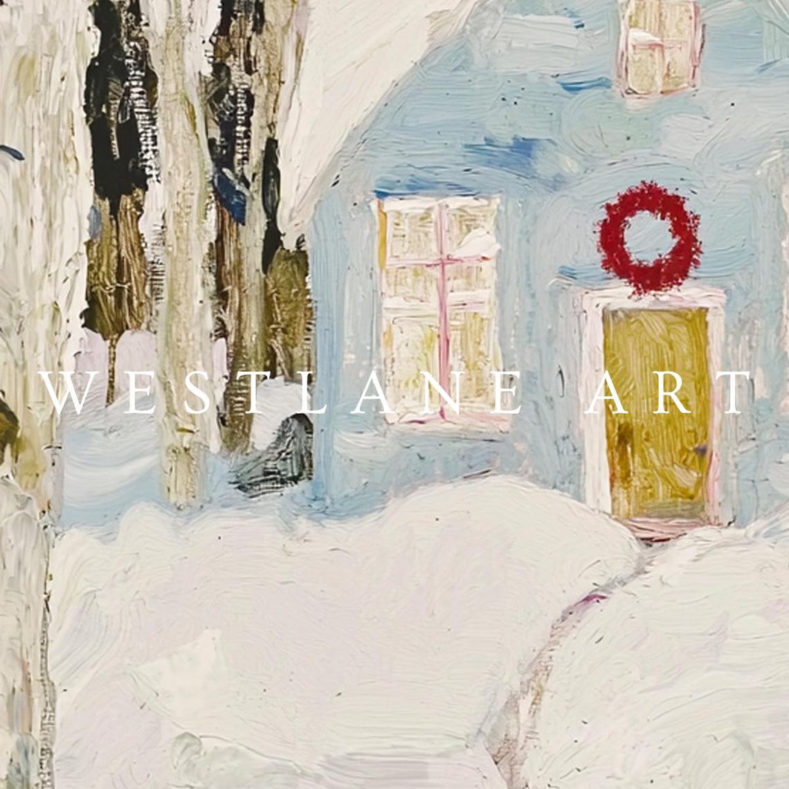 Winter Cottage Blue House Red Wreath Snowy Birch Woods Art Print - Image 3