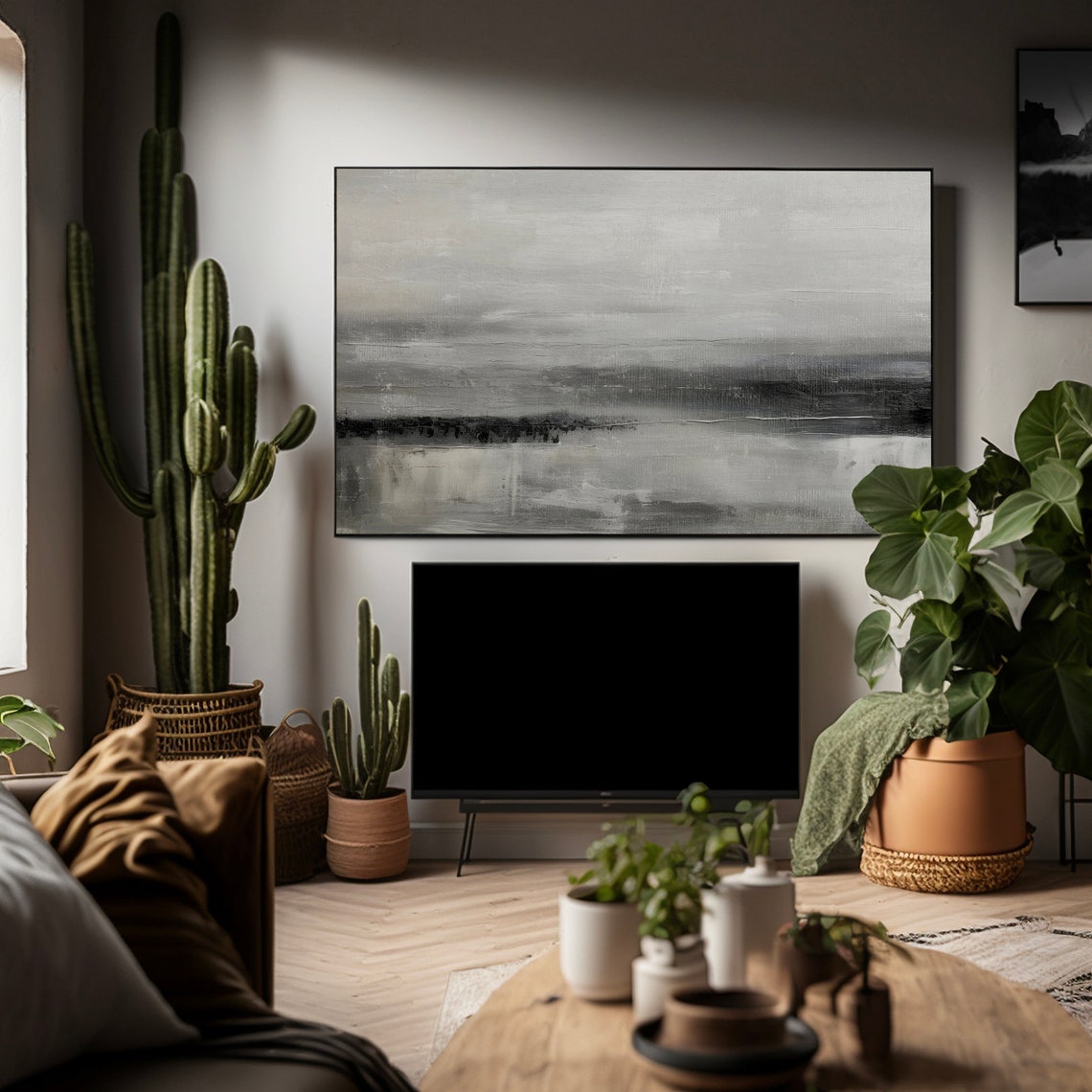 Grey Abstract Moody Seascape Monochrome Modern Painting Wall Art - Image 4
