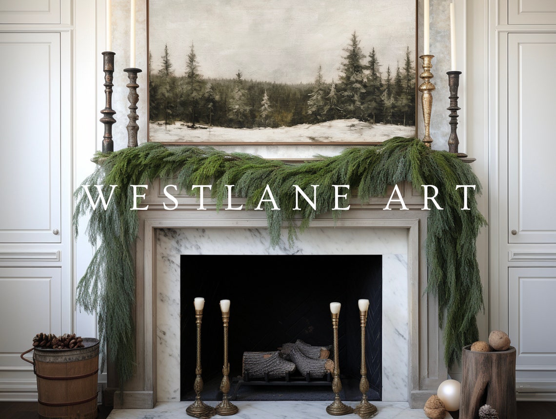 Snowy Pine Forest Winter Landscape Painting Muted Evergreens Art Print - Image 4