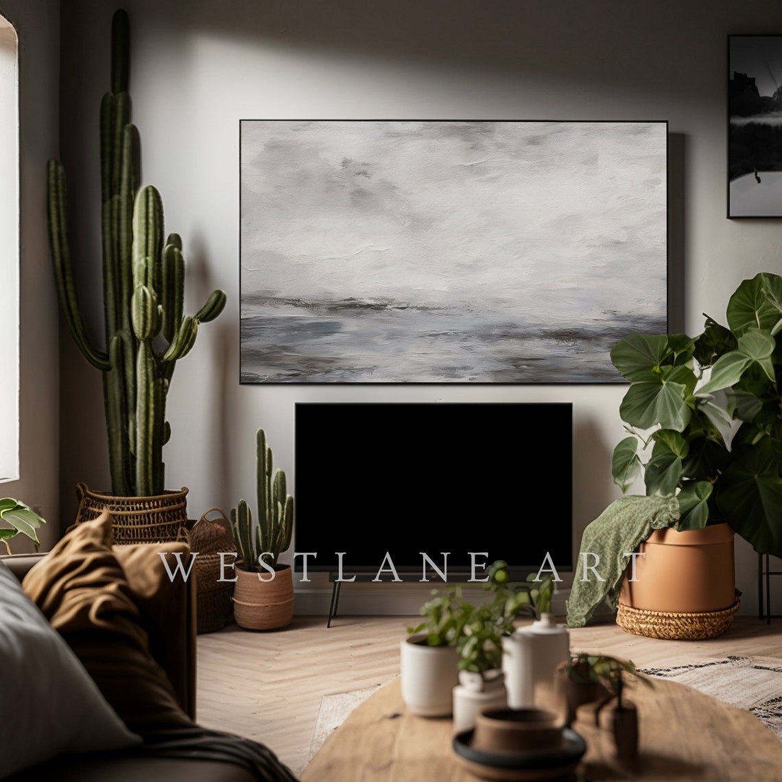 Coastal Abstract Blue Grey Stormy Sky Painting Modern Wall Art - Image 4