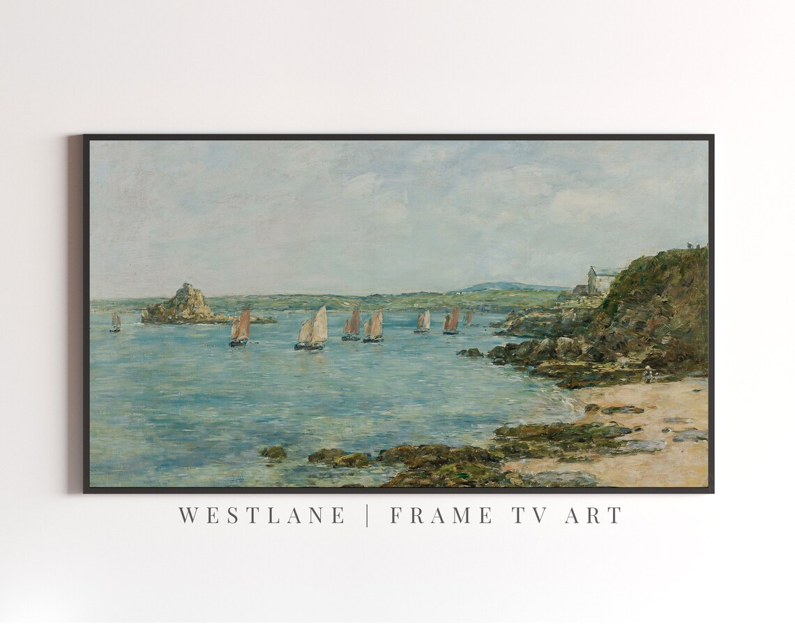 Sailboats Bay Impressionist Turquoise Water Rocky Coast Scene Poster - Image 2
