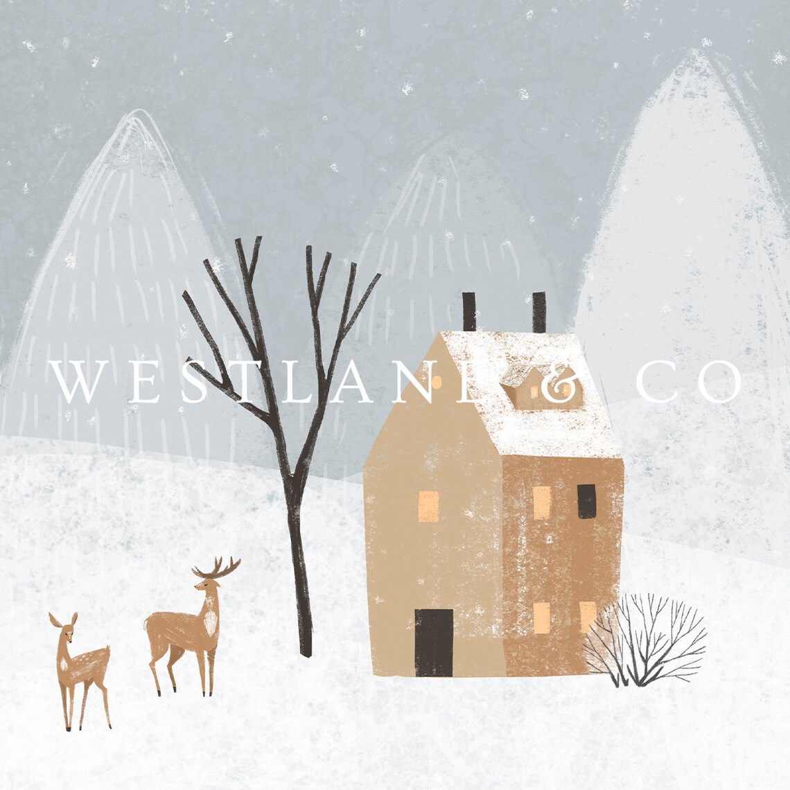 Minimal Nordic Winter Cottage With Deer Snowy Mountains Kids Wall Art - Image 2