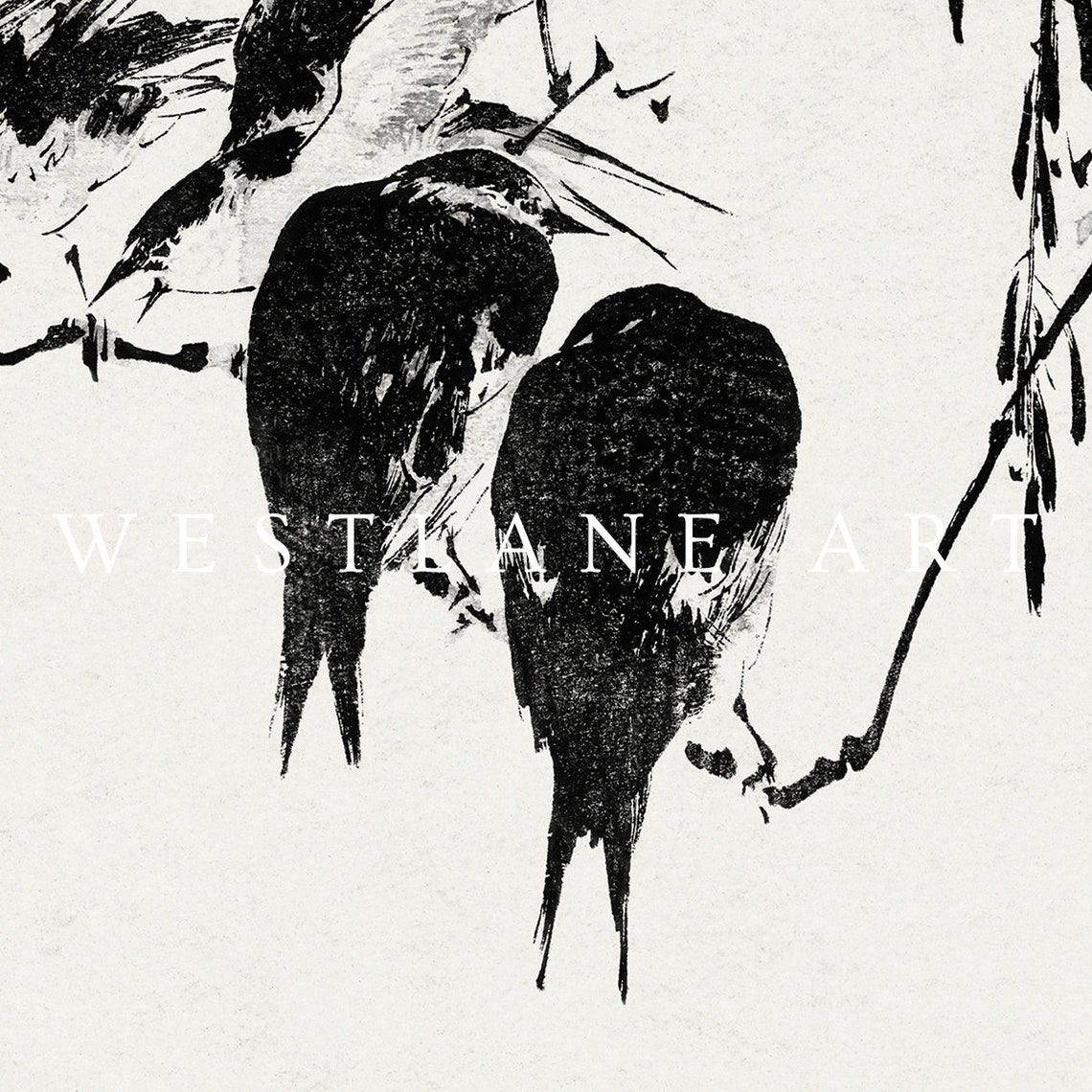 Minimalist Bird Ink Painting Swallows Willow Branch Art Print - Image 2