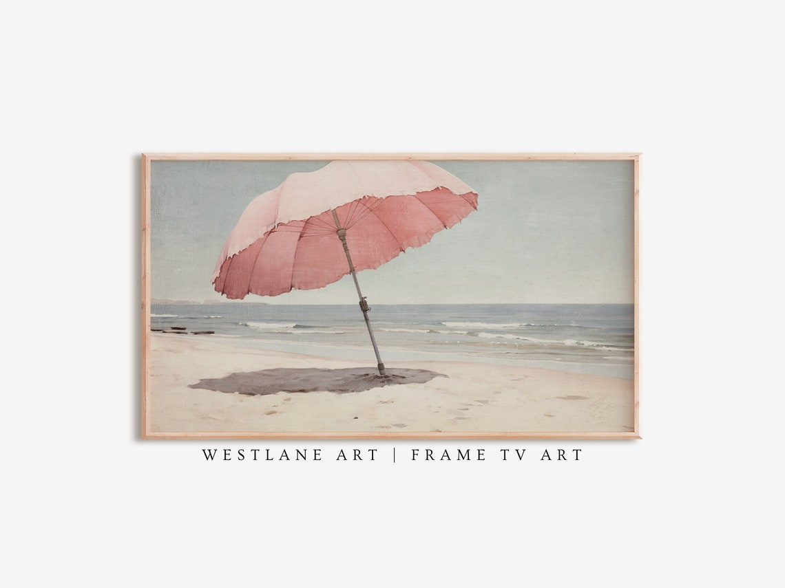 Pink Beach Umbrella Empty Sandy Shore Calm Sea Minimal Poster