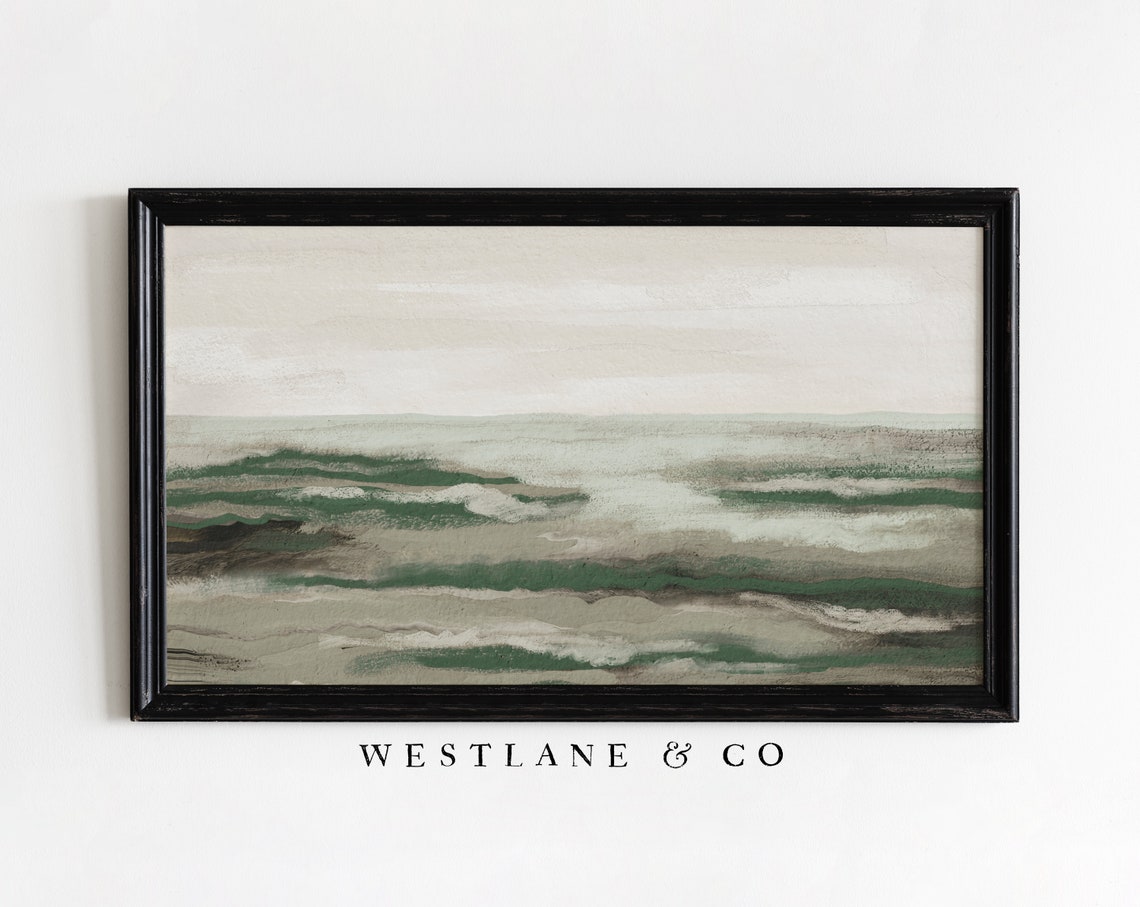 Abstract Green Ocean Waves Muted Coastal Seascape Modern Wall Art - Image 2