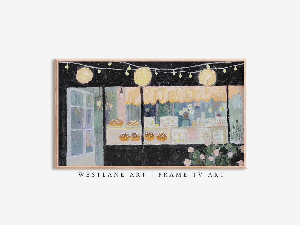 Parisian Bakery Storefront Night String Lights Pastry Shop Poster