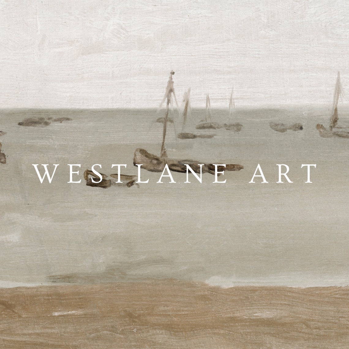Neutral Seascape Misty Harbor Sailboats Vintage Coastal Art Print - Image 2