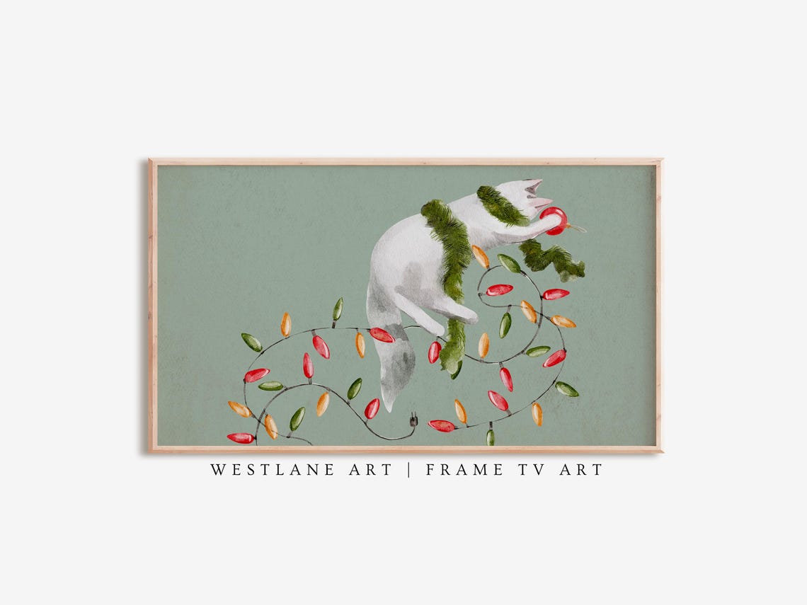 Playful White Cat Tangled In Colorful Christmas String Lights Wall Art