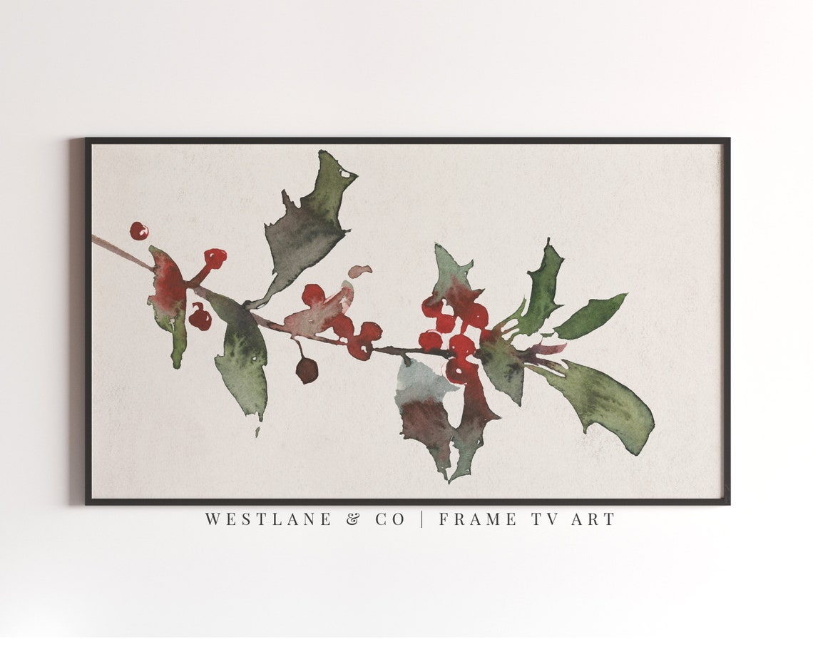 Watercolor Holly Branch With Red Berries Minimal Christmas Wall Art