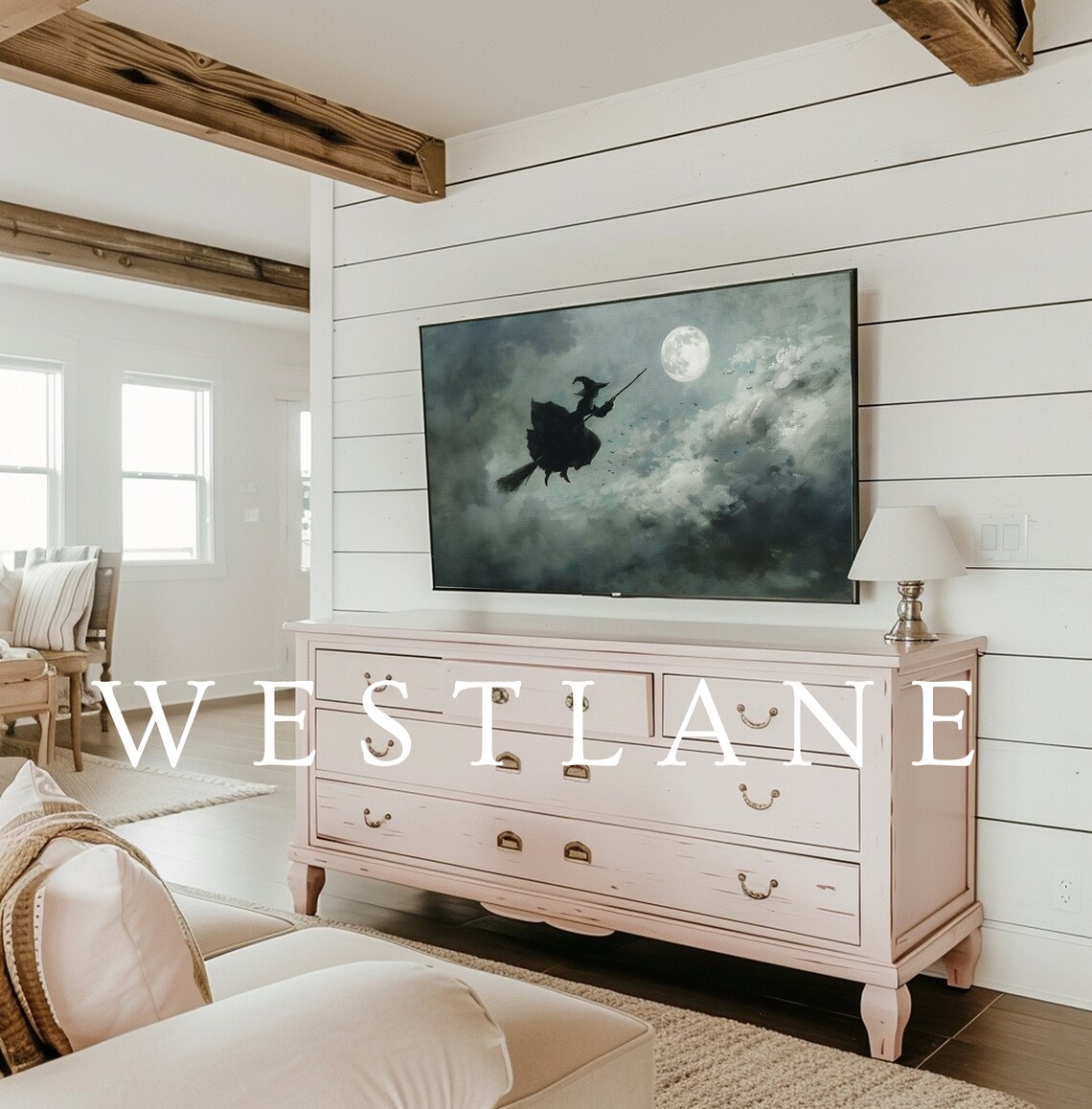 Witch On Broomstick Moonlit Cloudy Night Sky Vintage Halloween Wall Art - Image 2