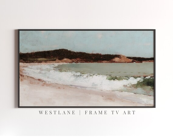 Vintage Beach Painting White Surf Sandy Shore Green Cliffs Seascape Wall Art Poster