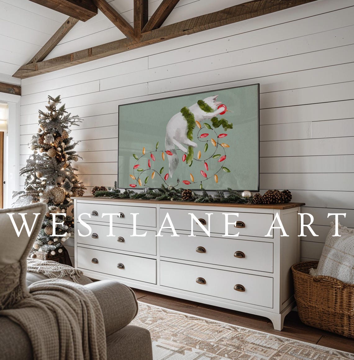 Playful White Cat Tangled In Colorful Christmas String Lights Wall Art - Image 2