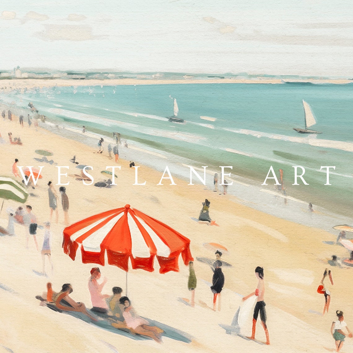 Sunny Beach Umbrella Red Stripe Sailboats Happy Summer Day Poster - Image 2