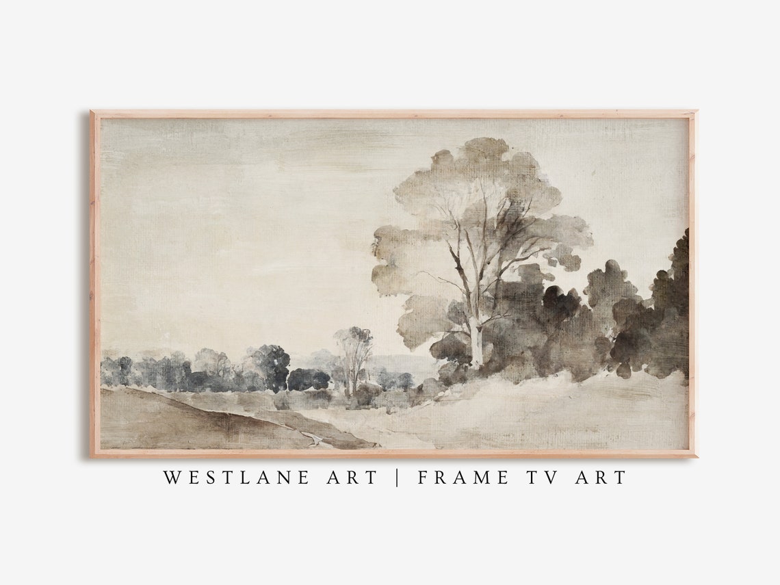 Soft Muted Watercolor Forest Landscape Neutral Painting Wall Art