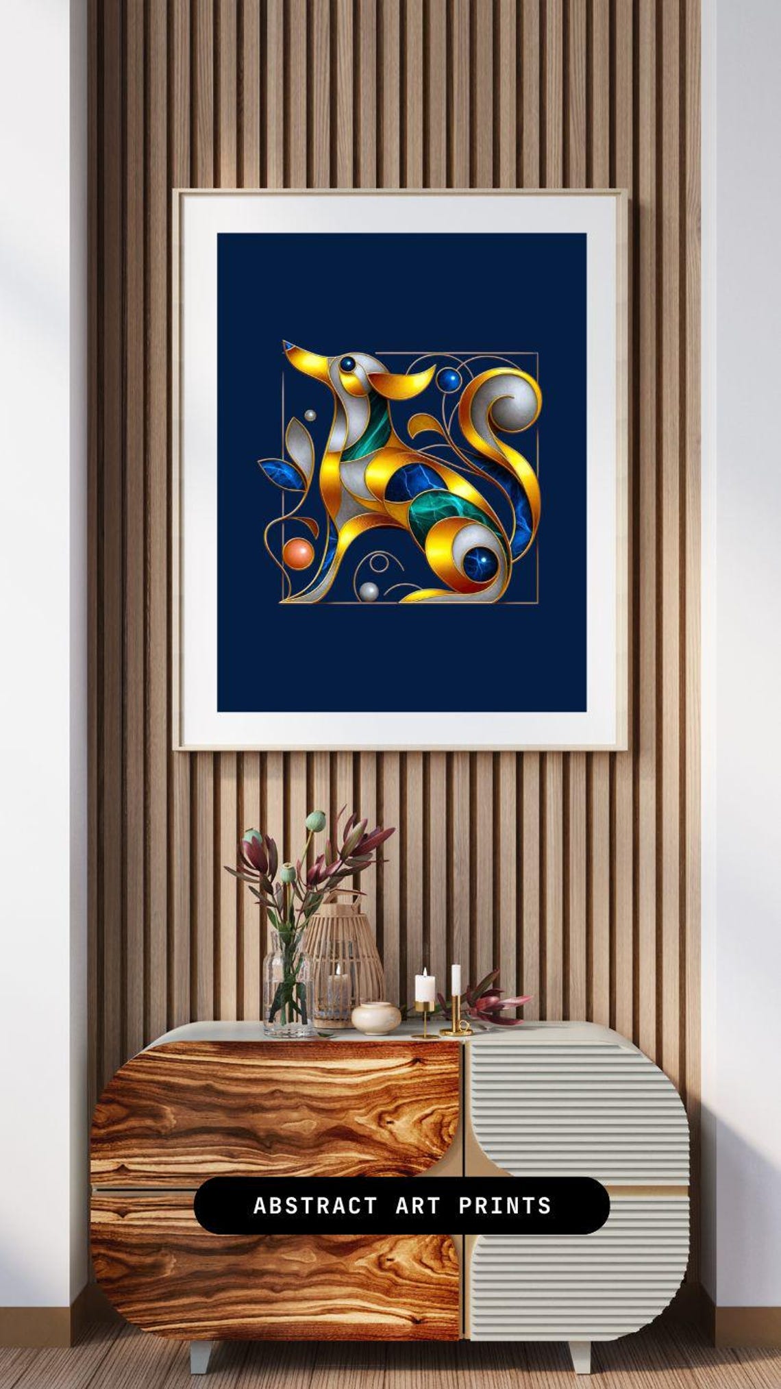 Golden Dachshund Mosaic with Blue Gemstones on Deep Navy Poster - Image 2
