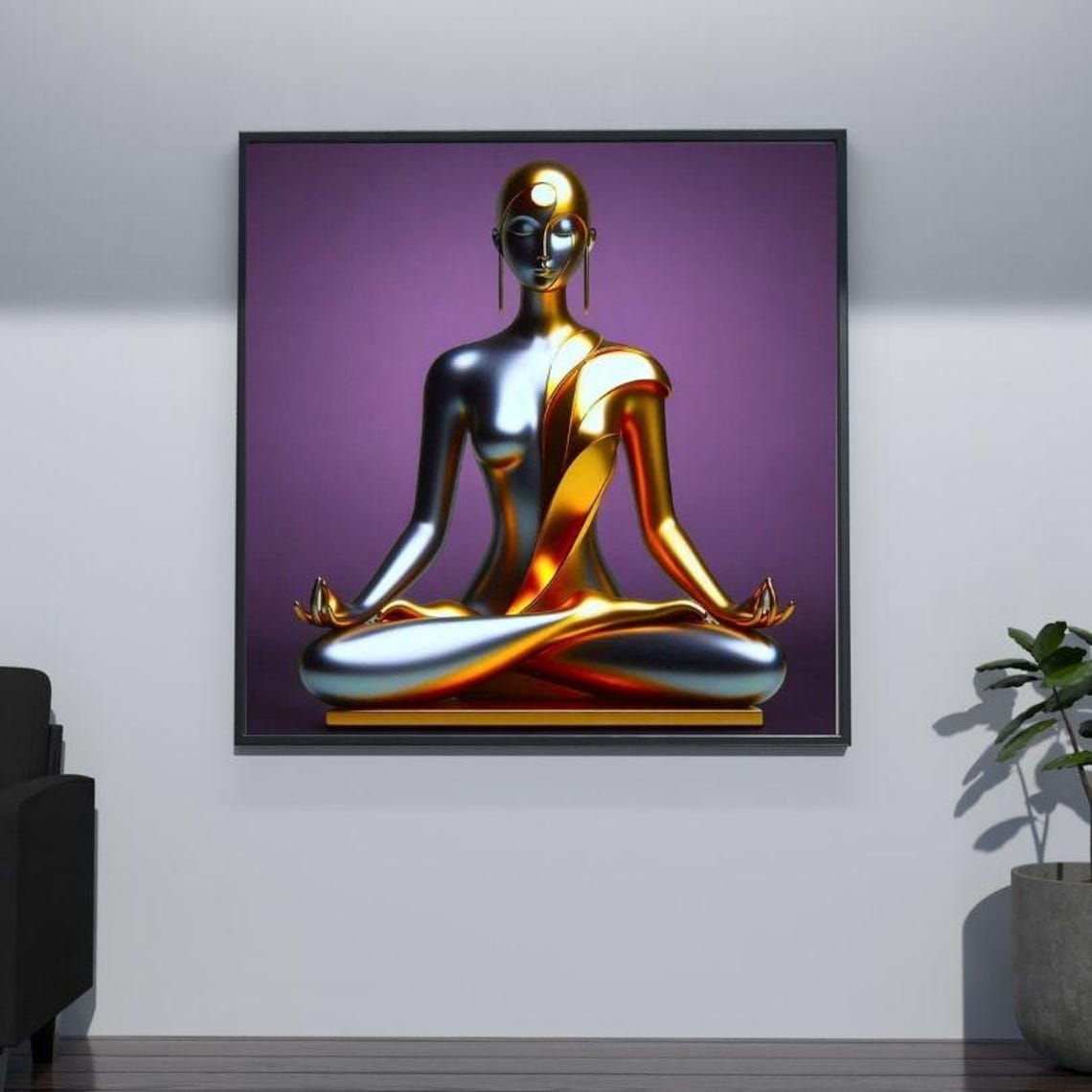 Chrome and Gold Meditating Figure on Deep Purple Zen Art Poster - Image 3