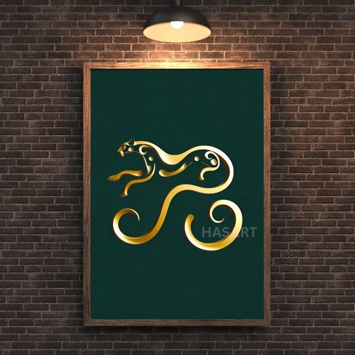 Golden Flowing Line Art Leaping Leopard Modern Abstract Poster