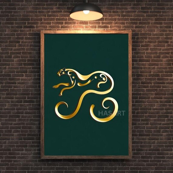 Golden Flowing Line Art Leaping Leopard Modern Abstract Poster