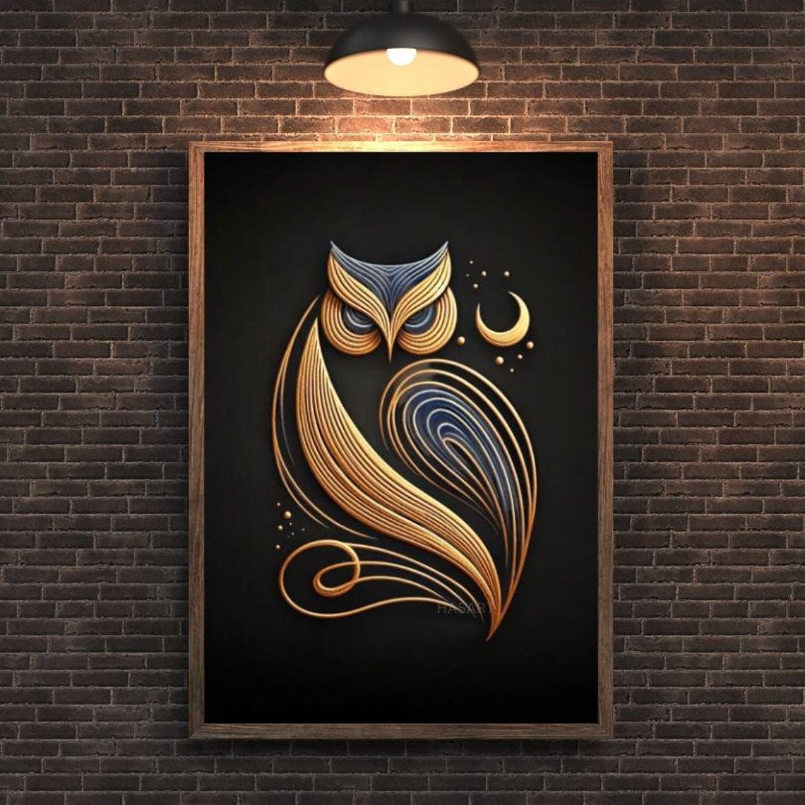 Gold Line Art Owl With Crescent Moon Minimalist Night Art Poster