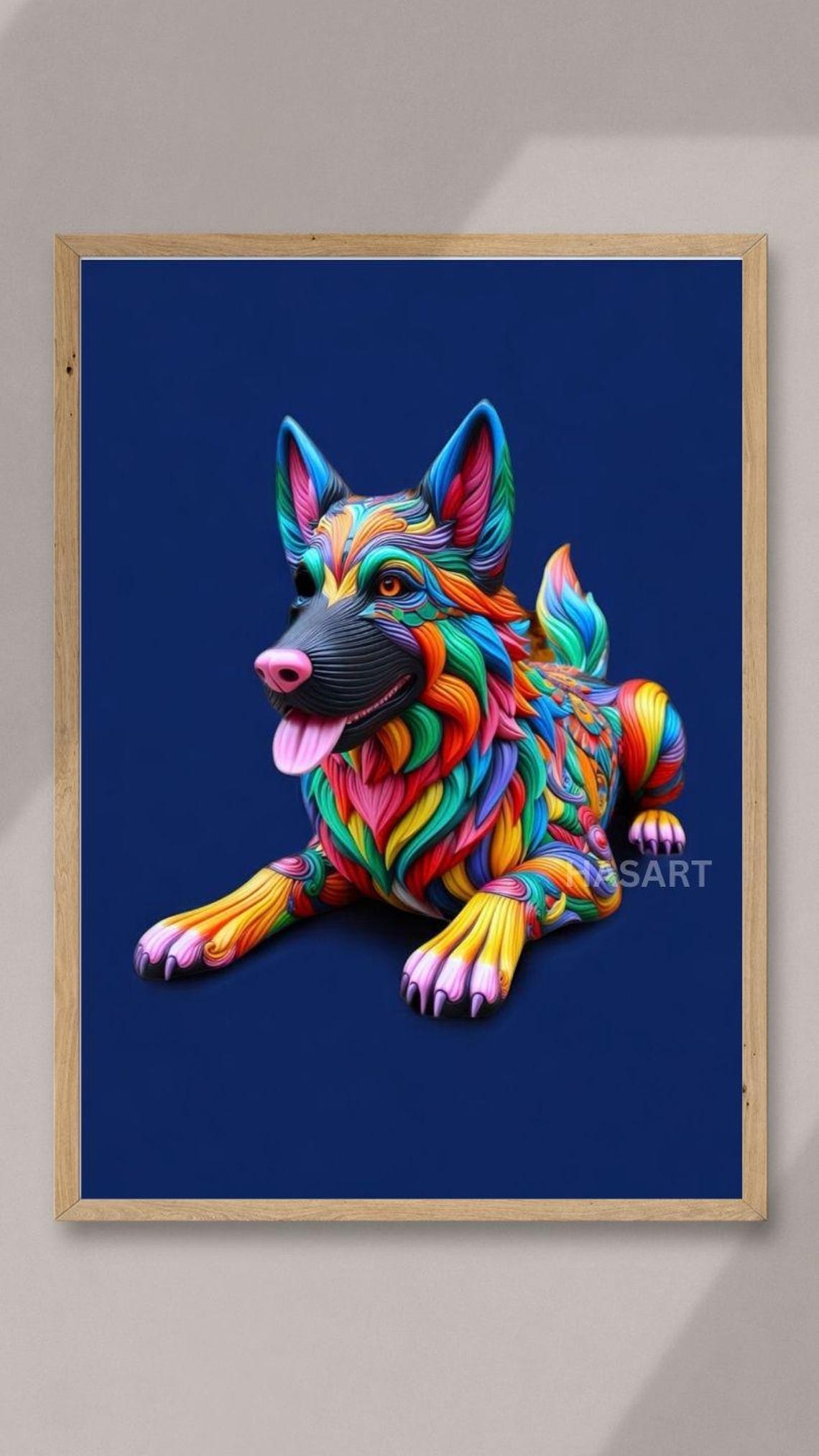 Rainbow German Shepherd with Tongue Out on Deep Navy Blue Art Poster - Image 3