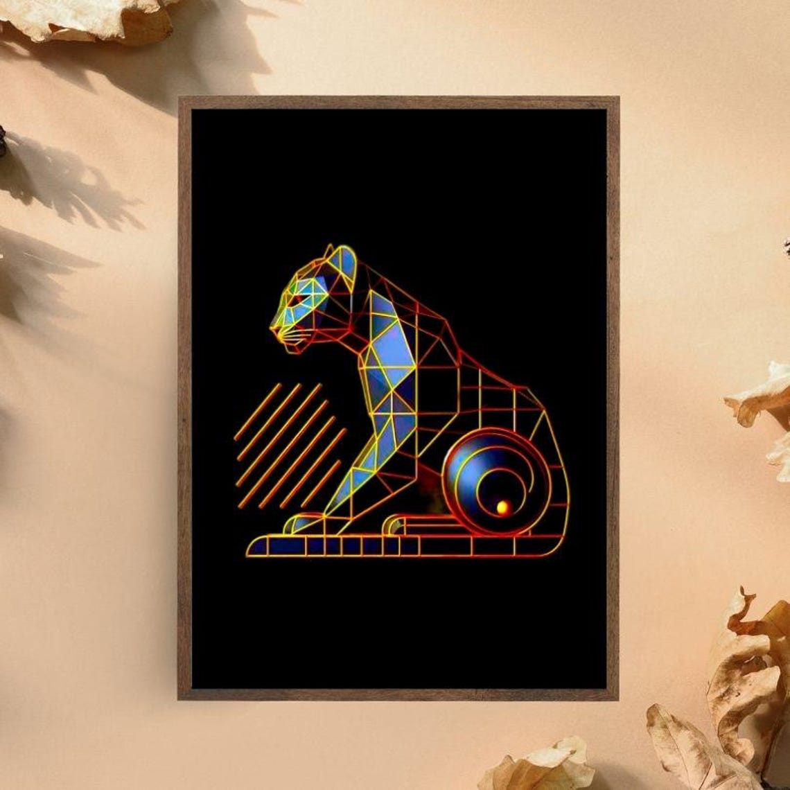 Electric Neon Geometric Leopard Crouching on Black Art Poster - Image 3