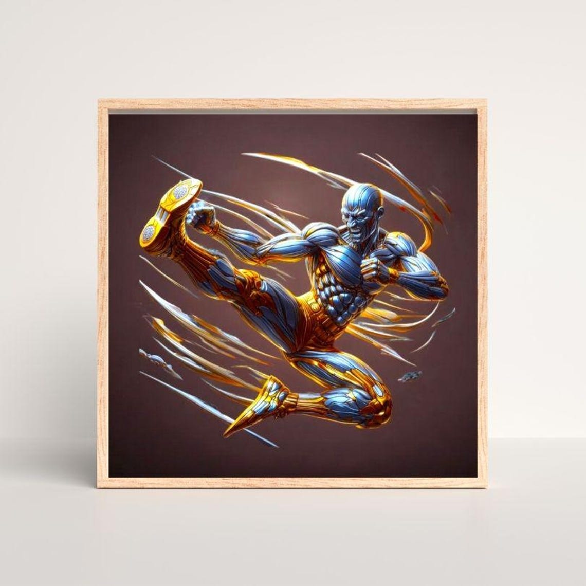 Golden Kickboxer Mid-Kick with Motion Trails Combat Art Poster - Image 3