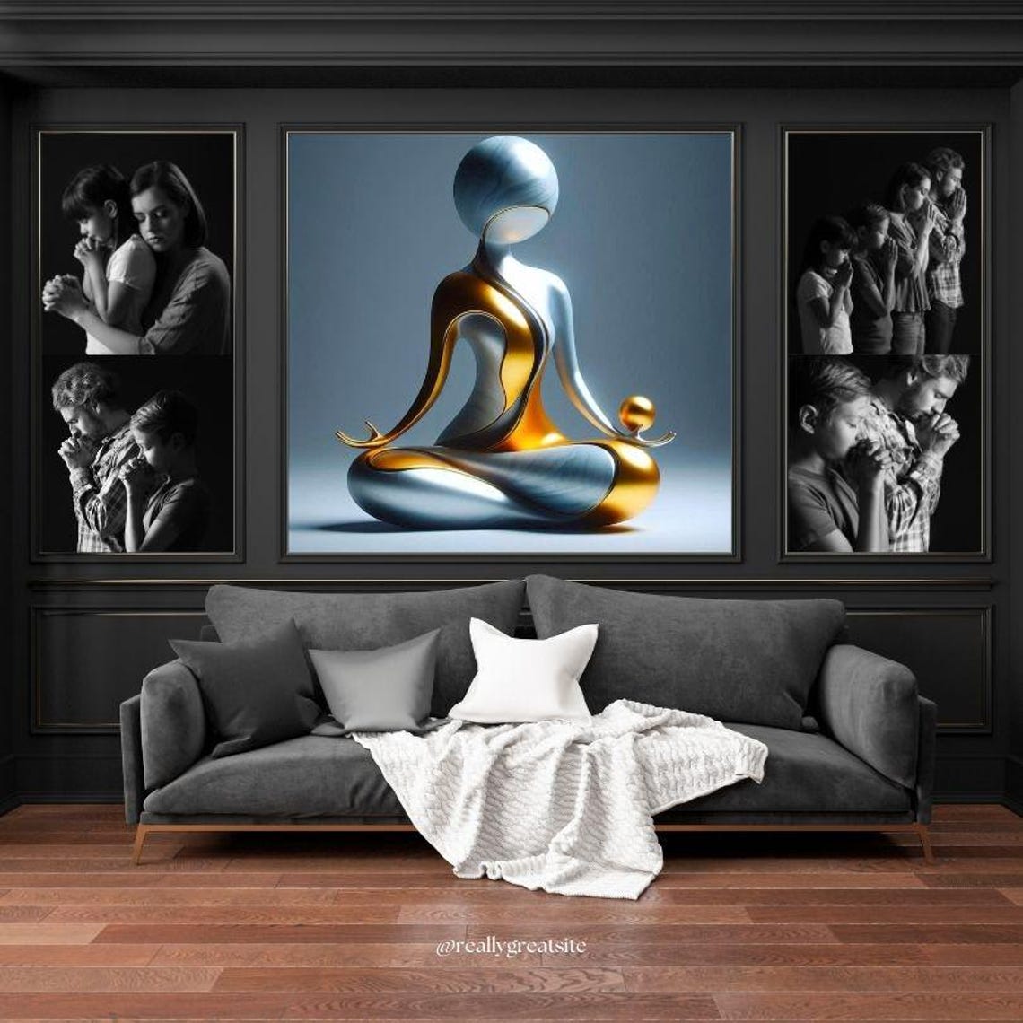 Silver and Gold Abstract Meditator in Lotus Pose Modern Zen Poster - Image 3