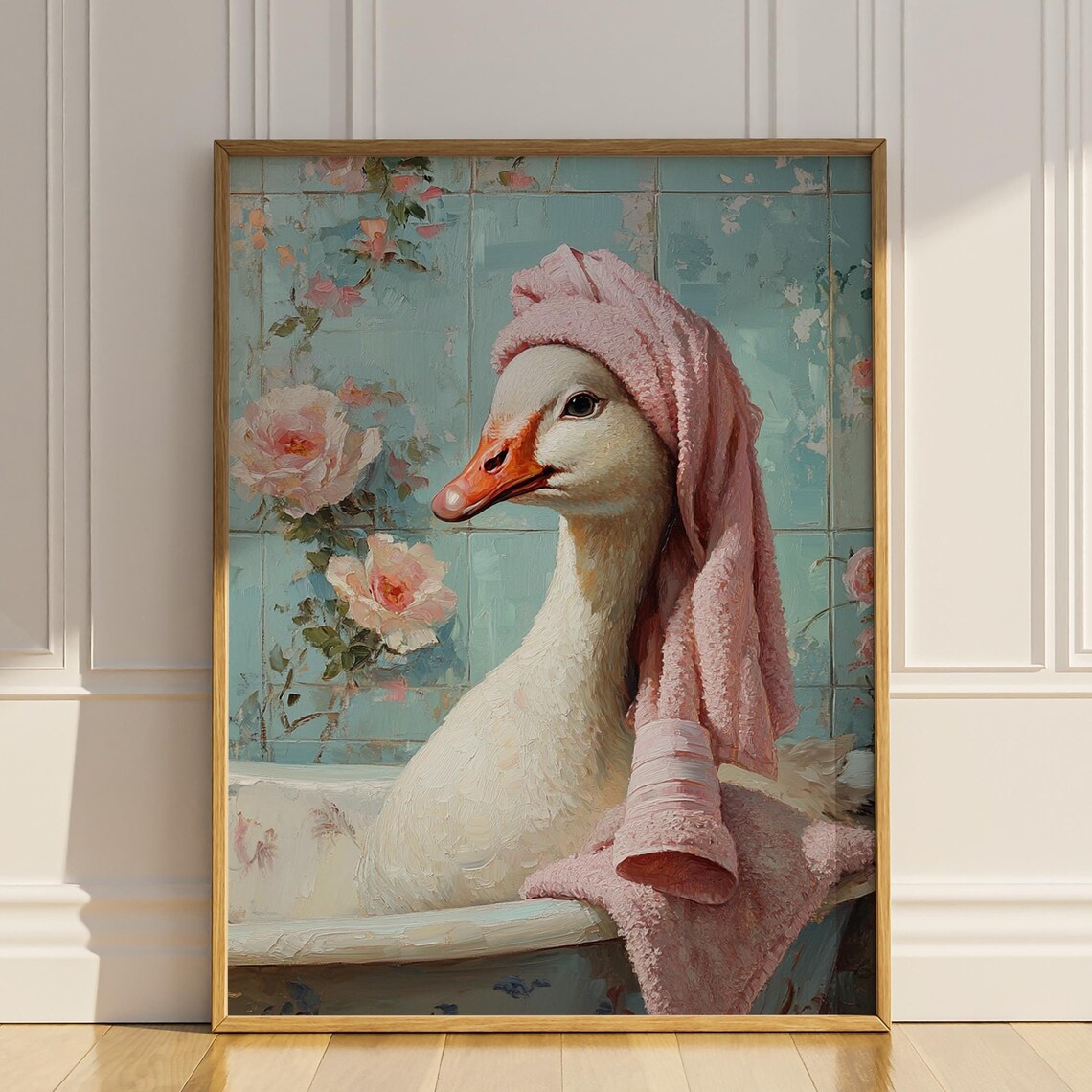 White Duck Spa Day with Pink Towel in Vintage Bathtub Art Poster