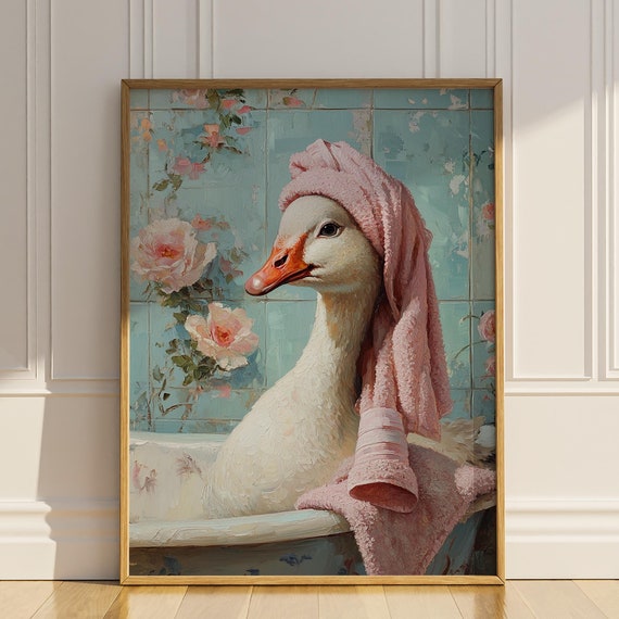 Goose In Bathtub Poster Print Silly Funny Goose Bathroom Wall Art Wall Decor Vintage Floral Oil Painting Pink Roses Gift Idea Matte Poster
