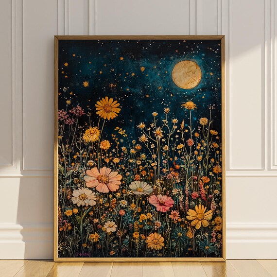 Moonlit Wildflower Meadow Golden Moon Stars Cosmos Garden Poster