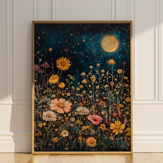 Wildflowers Nigh Sky Wall Art Full Moon Celestial Floral Artdeco Botanical Painting Home Wall Decor Gift Poster