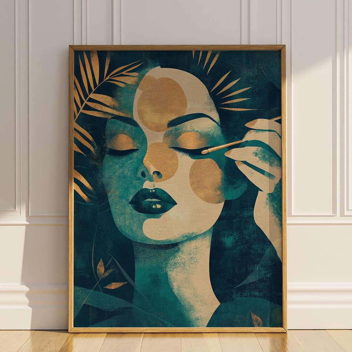 Art Deco Beauty Portrait With Gold Palm Fronds Teal Style Poster