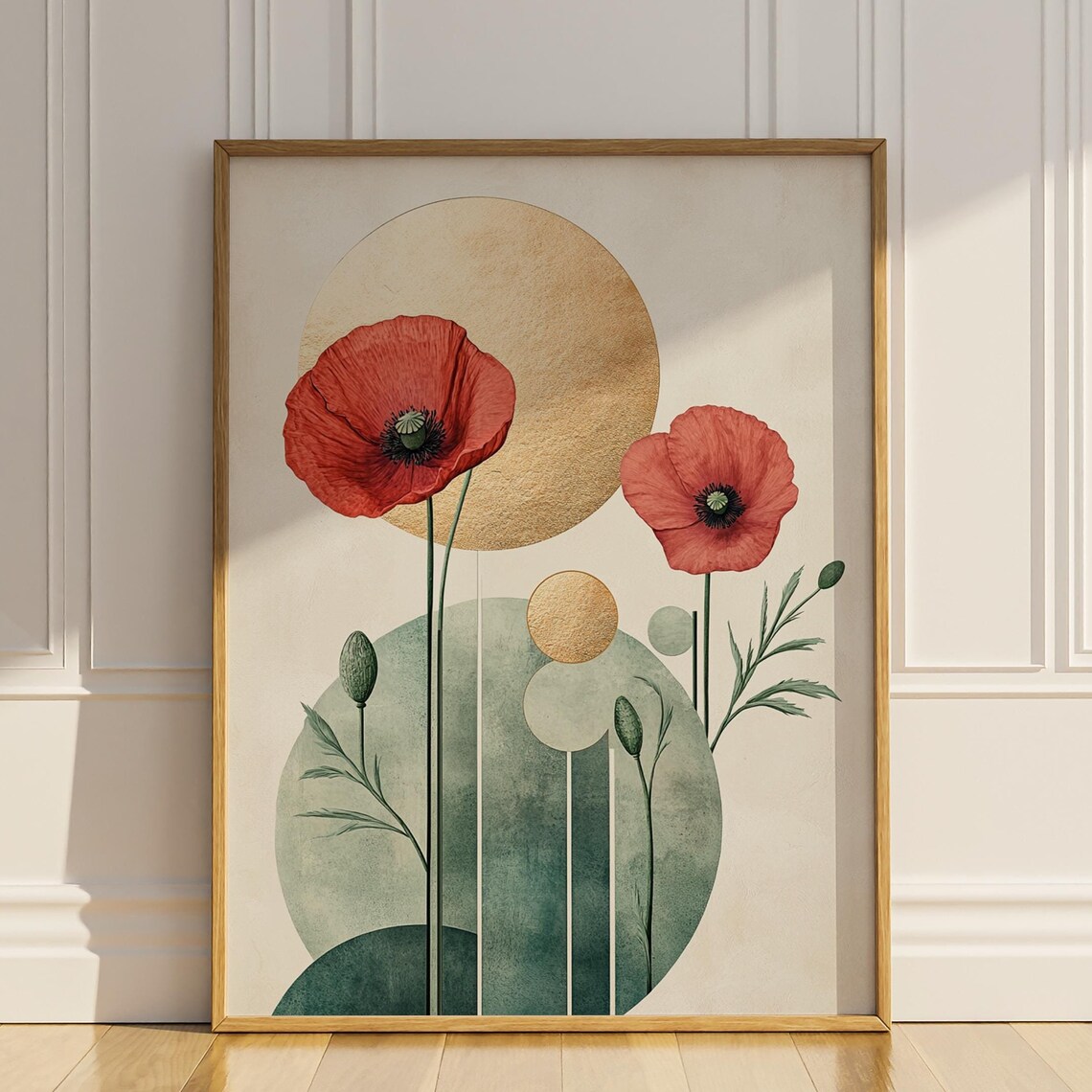 Red Poppy Flowers and Gold Sun Mid Century Modern Floral Poster