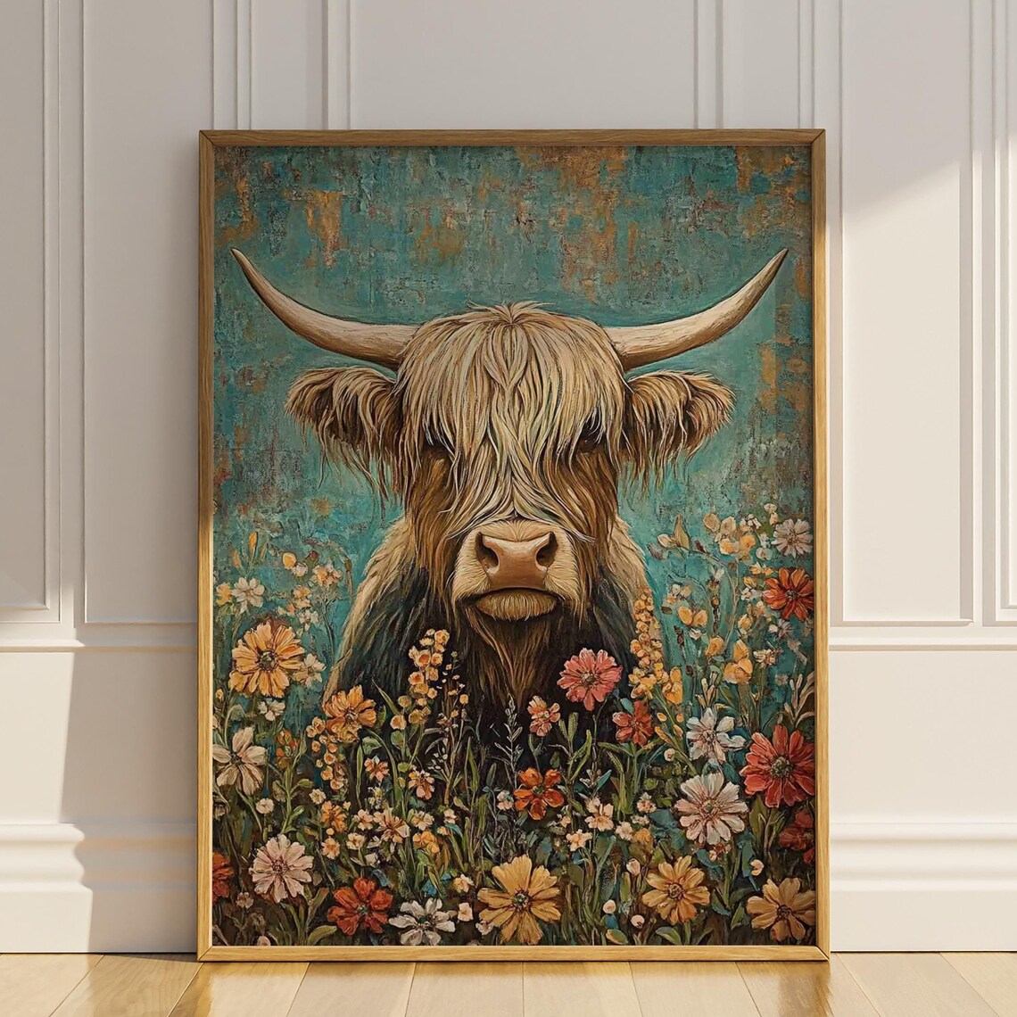 Highland Cow in Flower Meadow Rustic Teal Country Portrait Poster
